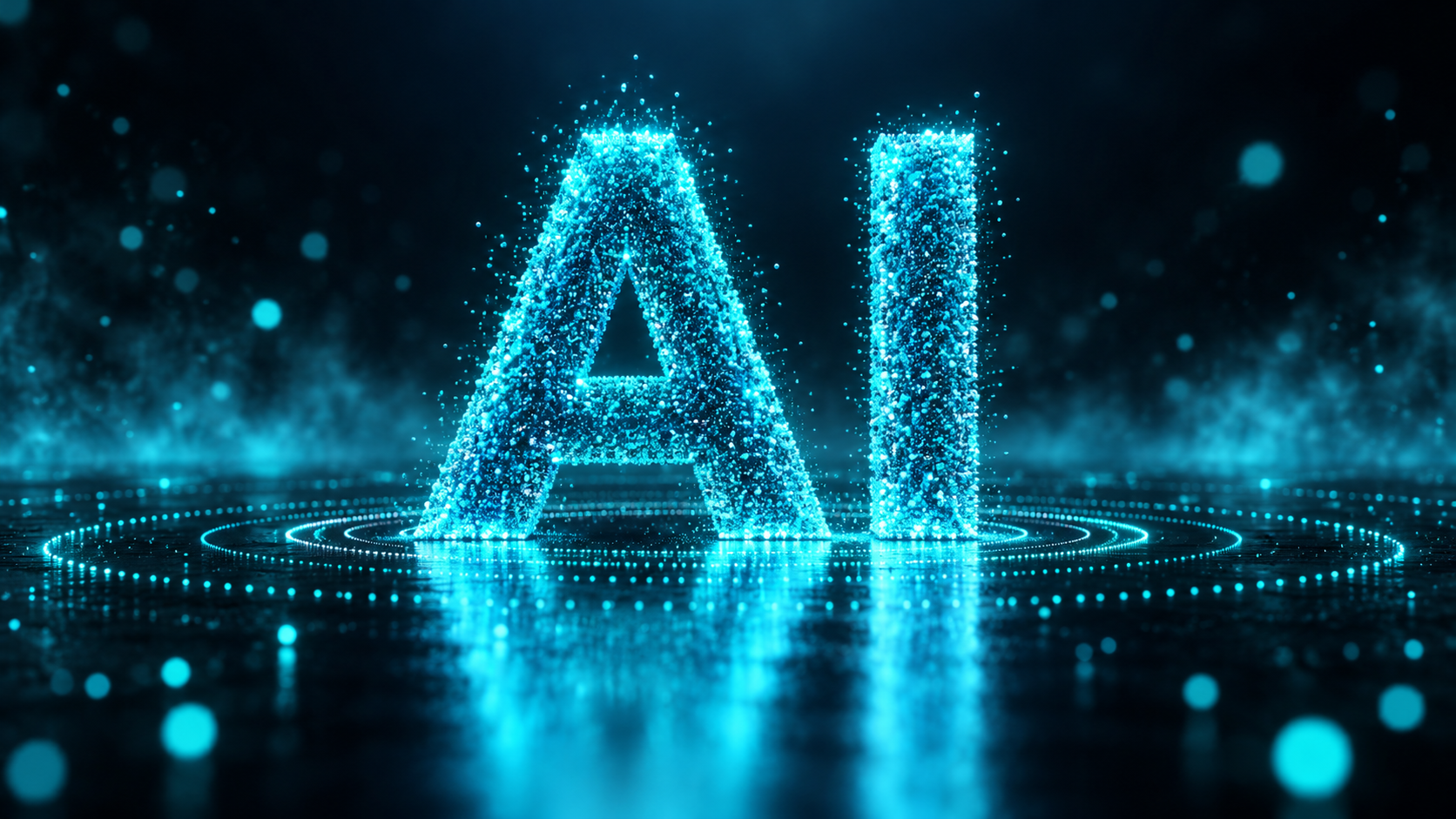 Las letras "AI" se formaron a partir de partículas azules brillantes, reflejadas en una superficie oscura con anillos de luz concéntricos.