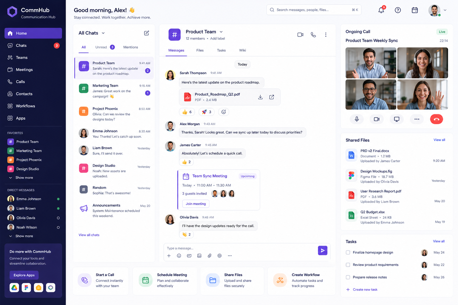 Communication hub dashboard showing chat channels, video calls, shared files, team workspaces, and activity analytics