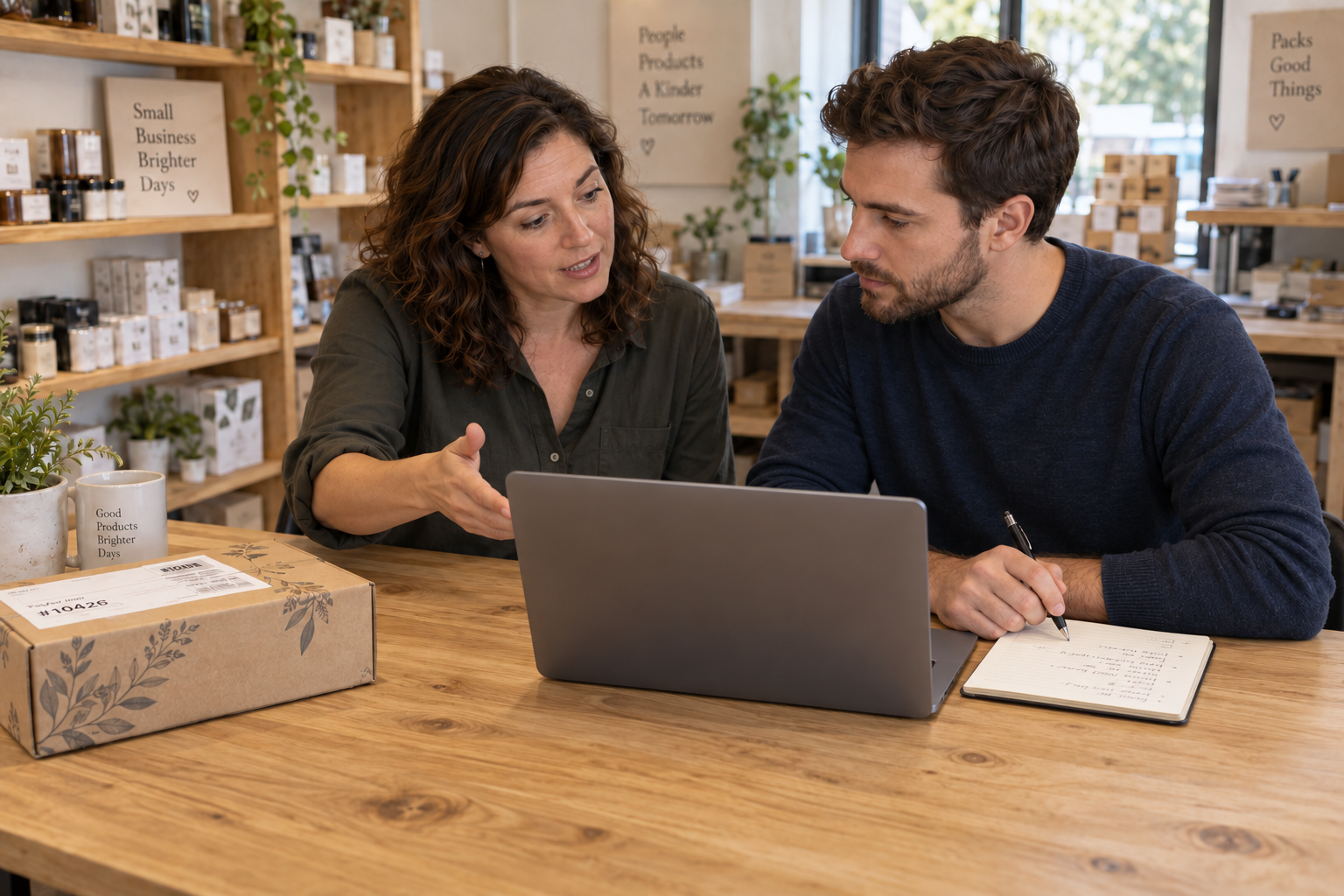 Two small-business owners reviewing a laptop together at a shop counter, with packaged products and mission signs in the background.