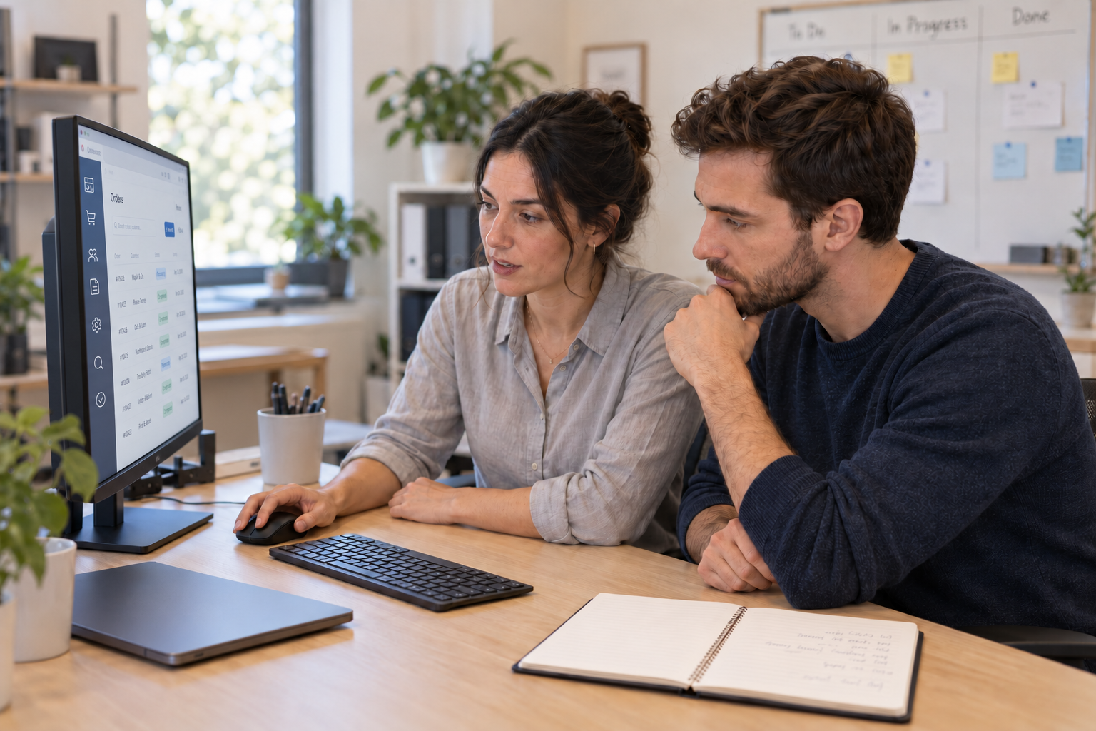 Two colleagues reviewing an orders dashboard on a monitor at a shared desk, with a kanban board in the background.