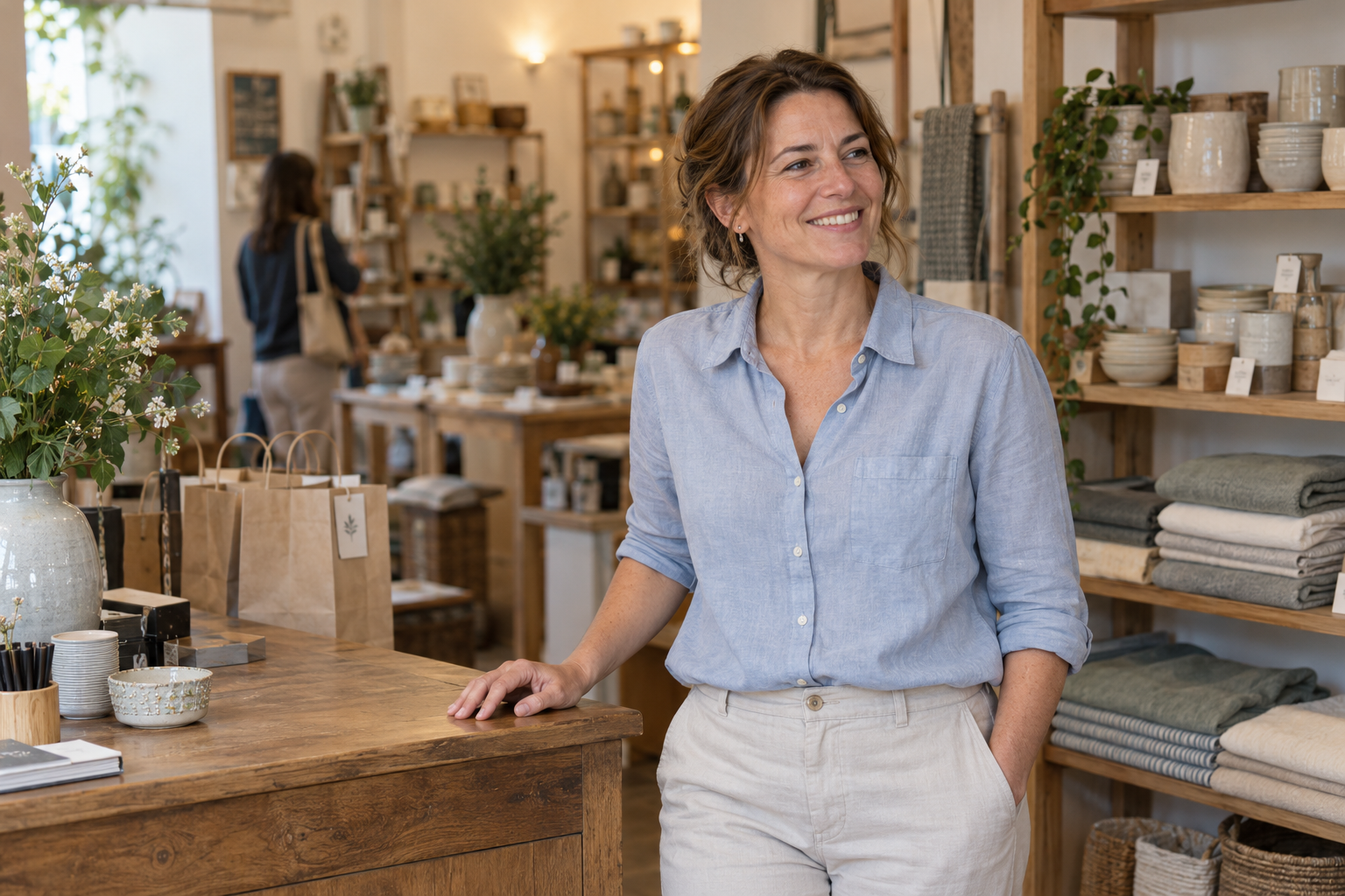 A small-business owner smiling in a bright retail shop with curated products on wooden shelves.