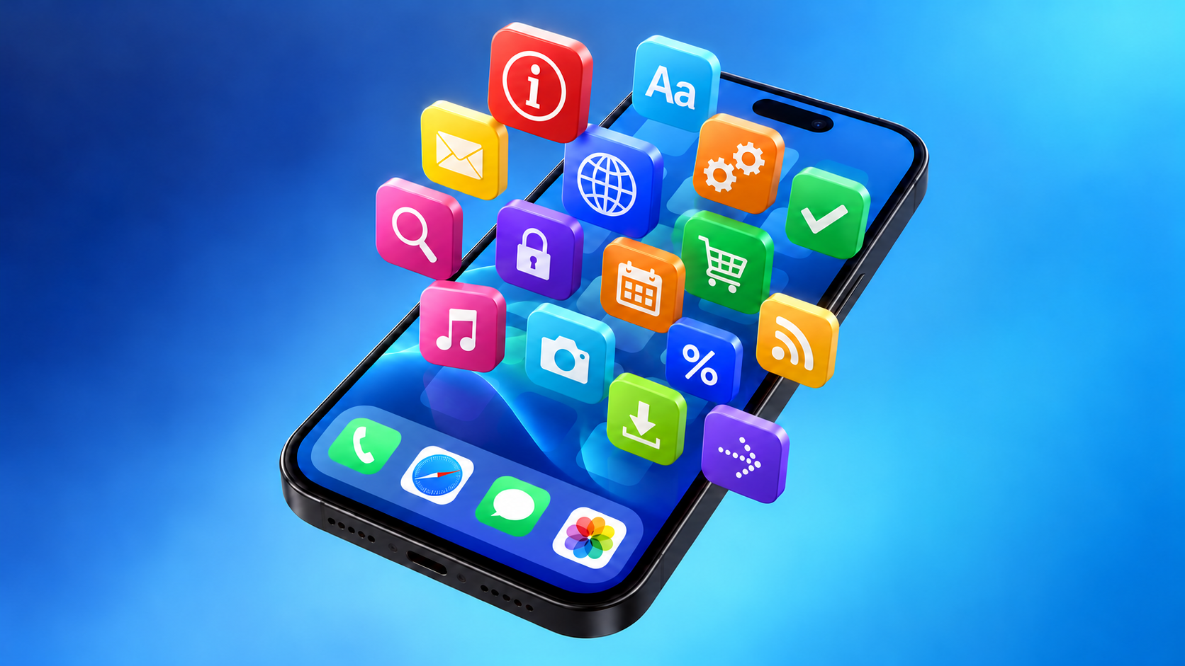 Un teléfono inteligente sobre un fondo azul con coloridos íconos de aplicaciones (correo, búsqueda, cámara, calendario, candado, carrito y más) flotando en la pantalla.
