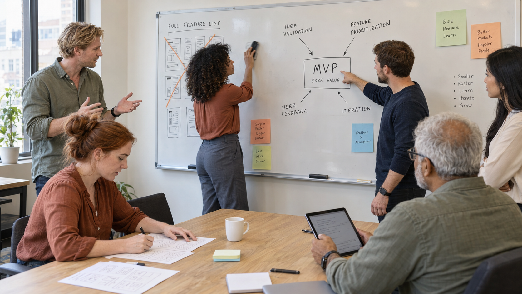 Un equipo alrededor de una pizarra en un taller de MVP: una lista completa de funciones tachada junto a un diagrama de "valor central de MVP" alimentado por la validación de ideas, los comentarios de los usuarios, la iteración y la priorización de funciones.