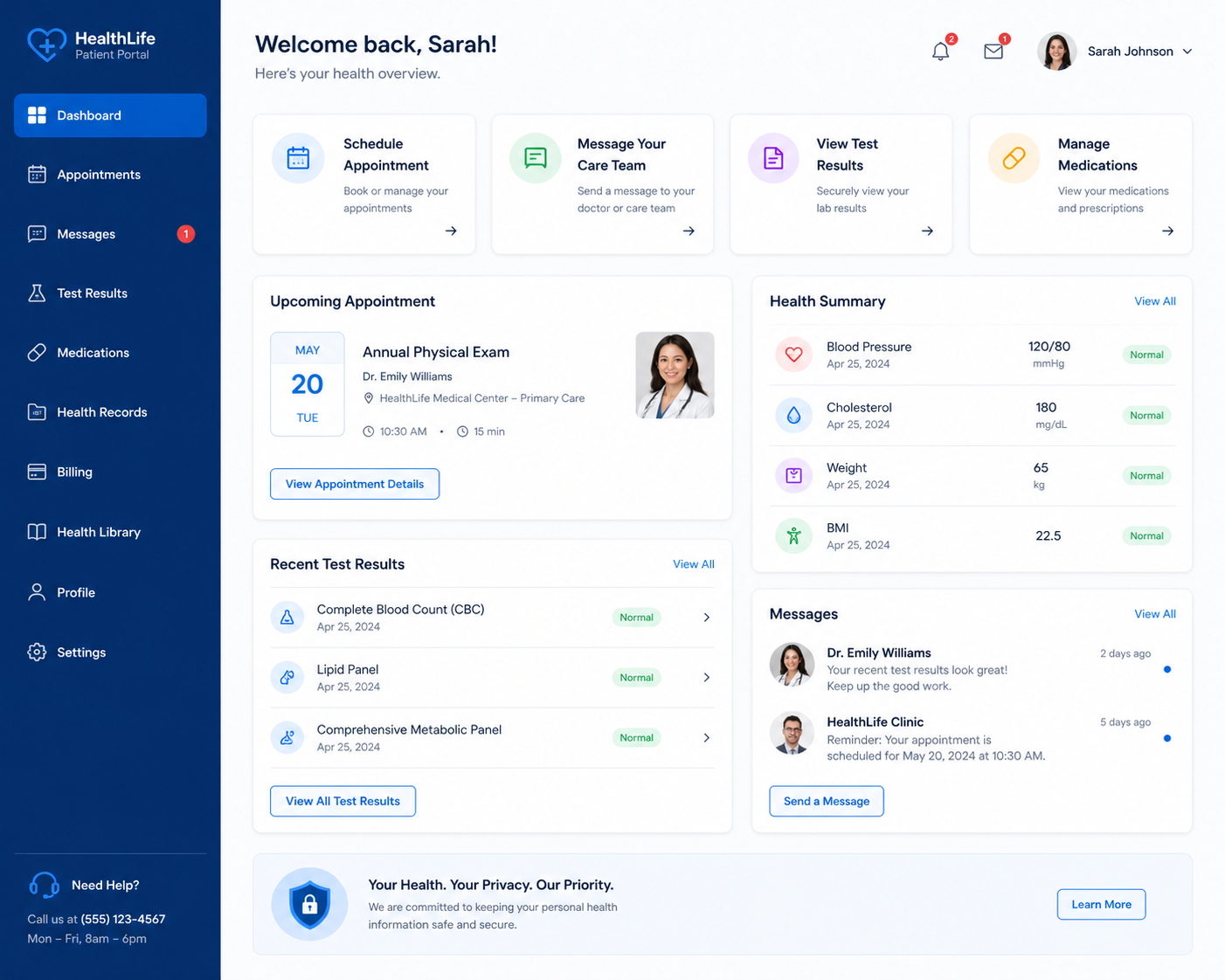 Patient portal dashboard showing appointments, medical records, secure messages, and telemedicine access
